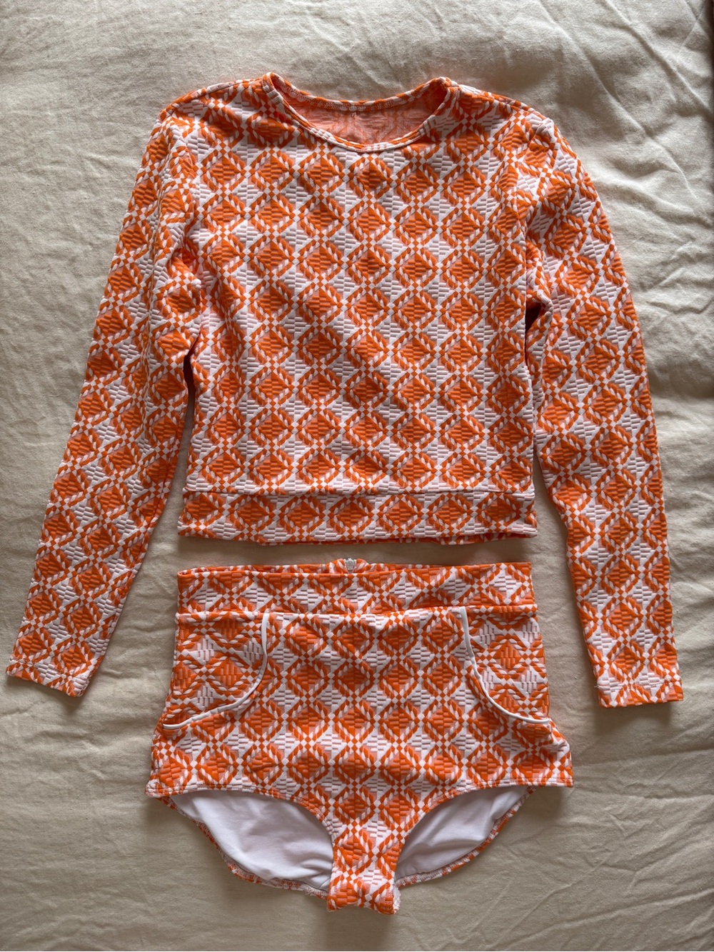 Seea Orange & White Geometric Long-Sleeve Swim Top and High Waist Bottom